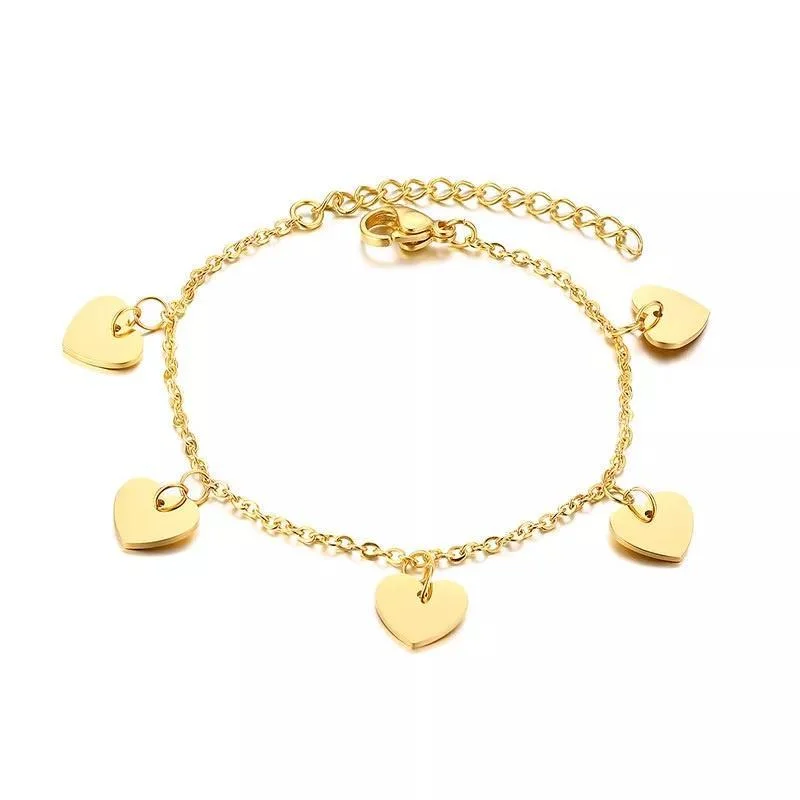 women gold bangles set -Stainless Steel Bracelet with Five Heart Charms Gold Plated