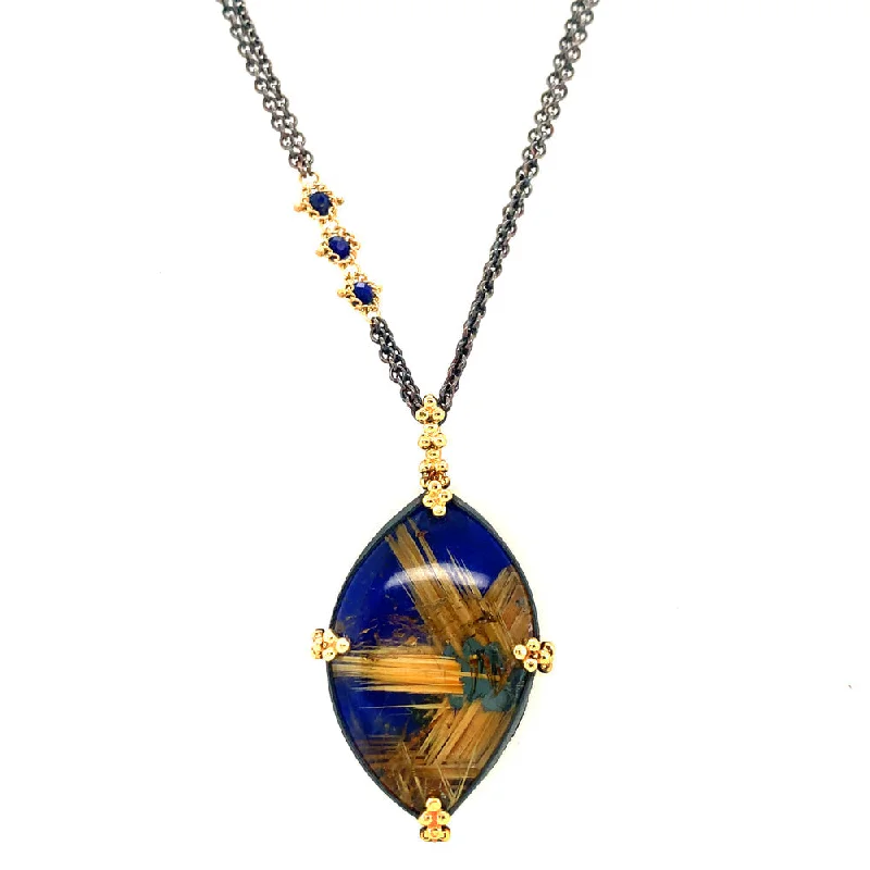 women charm necklaces -One-of-a-Kind Lapis Lazuli & Rutilated Quartz Necklace - "Indigo Nights"