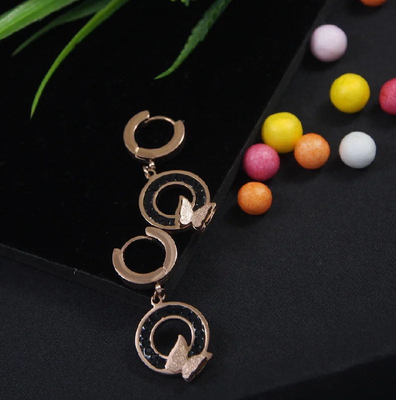 women double hoop earrings -Tarohi JewelsStainless Steel Rosegold Plated Butterfly On Circle Hoops Earring-STNER 2934