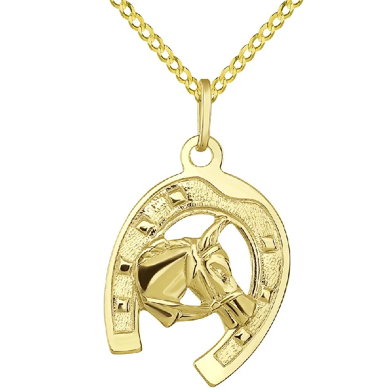 women pearl drop necklaces -Solid 14K Yellow Gold Good Luck Horseshoe with Horse Head Pendant with Cuban Chain Necklace