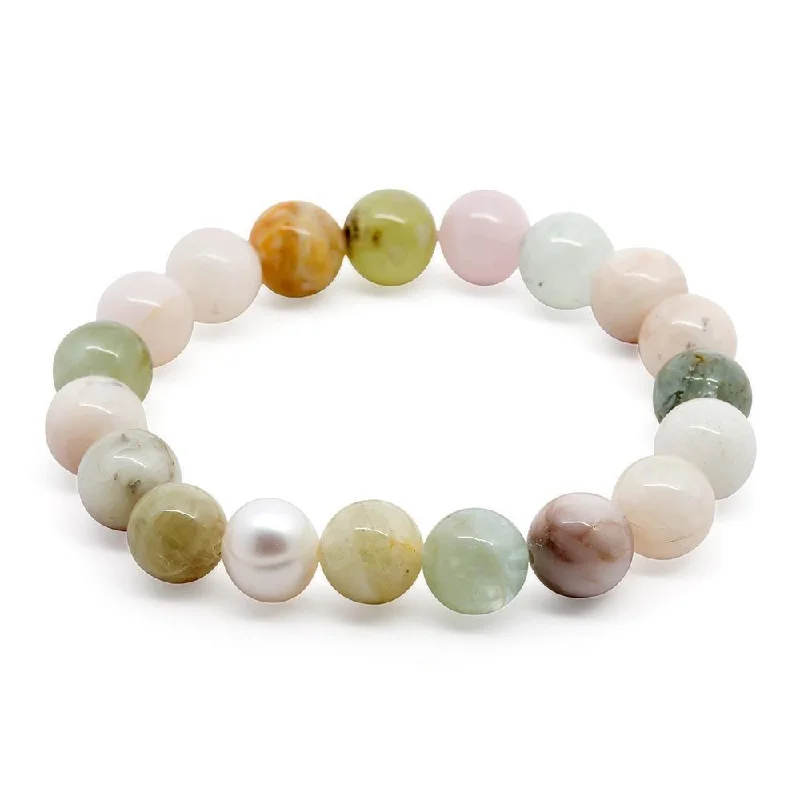 women braided bracelets -Semi Precious Stone Stretch Bracelet Mixed Colors with Pearl