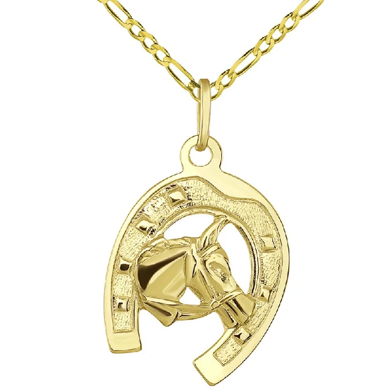 women luxury diamond necklaces -Solid 14K Yellow Gold Good Luck Horseshoe with Horse Head Pendant with Figaro Chain Necklace