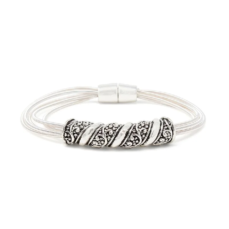 women vintage-style bangles -Five Row Spring Bracelet with Antique Silver Plain and Filigree Design