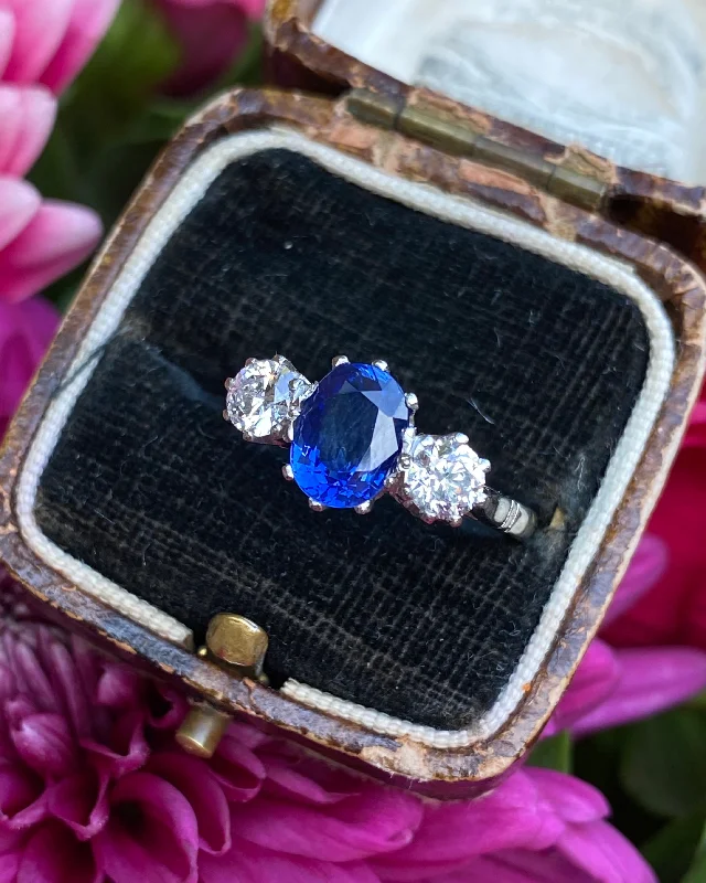 women fashion rings -Victorian Sapphire and Old Cut Diamond Three Stone Platinum Ring 0.55ct + 1.20ct