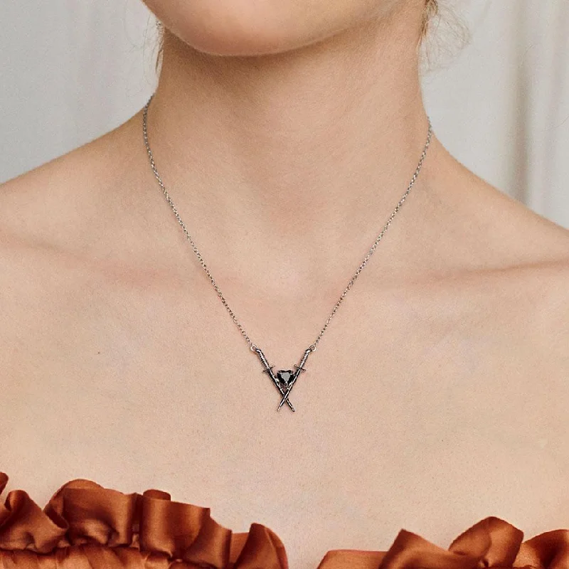 women fashion chain necklaces -ABJURE. Crossed Swords & Onyx Heart Necklace - Silver