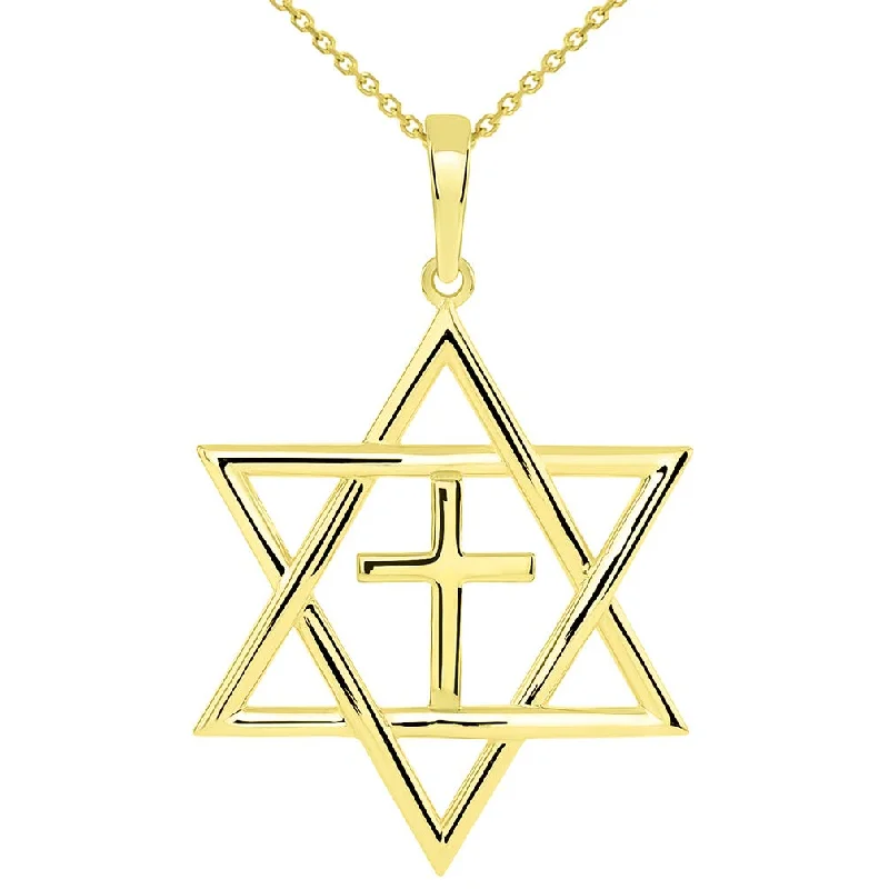 women pearl drop necklaces -14k Yellow Gold Medium Jewish Star of David with Religious Cross Judeo Christian Pendant - Available with Rolo, Curb, or Figaro Chain Necklaces