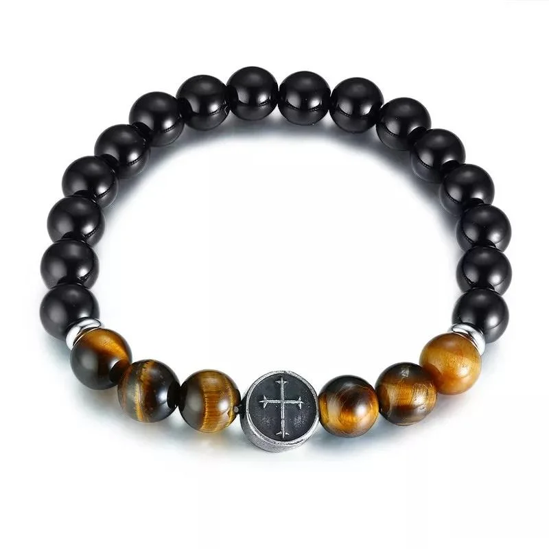 women gold link bracelets -Stainless Steel Cross Bead Tiger Eye/Onyx Stretch Men's Bracelet