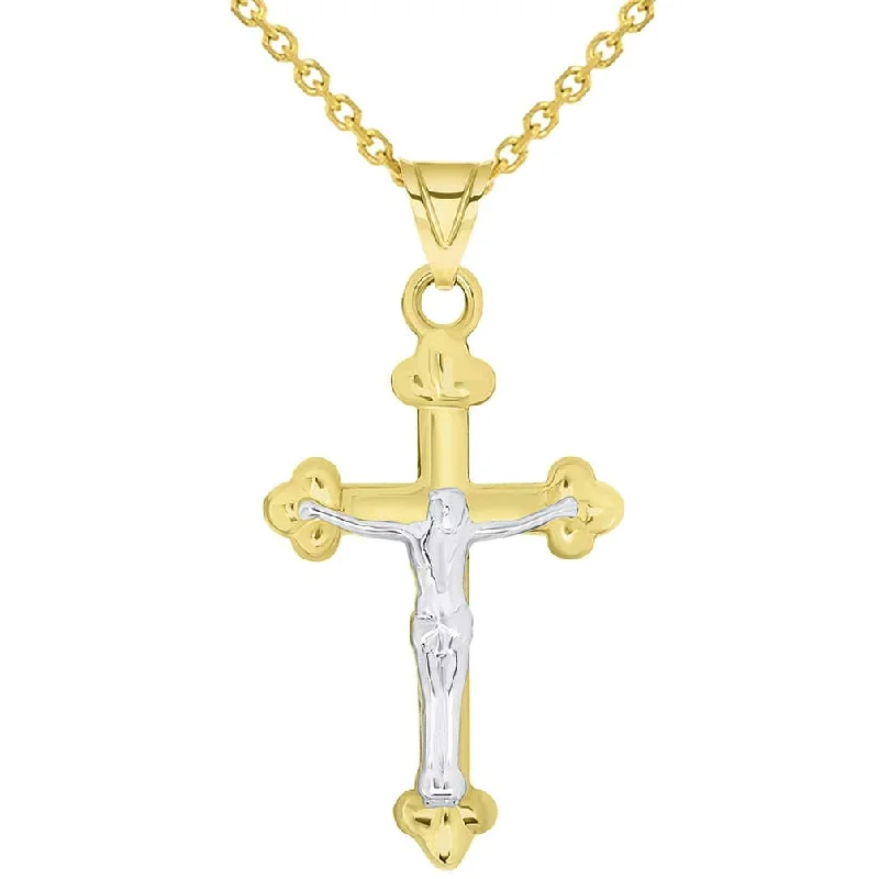 women minimalist gold necklaces -14k Solid Gold Christian Trefoil Cross Two Tone Crucifix Pendant Necklace Available with Rolo, Curb, or Figaro Chain - Yellow Gold