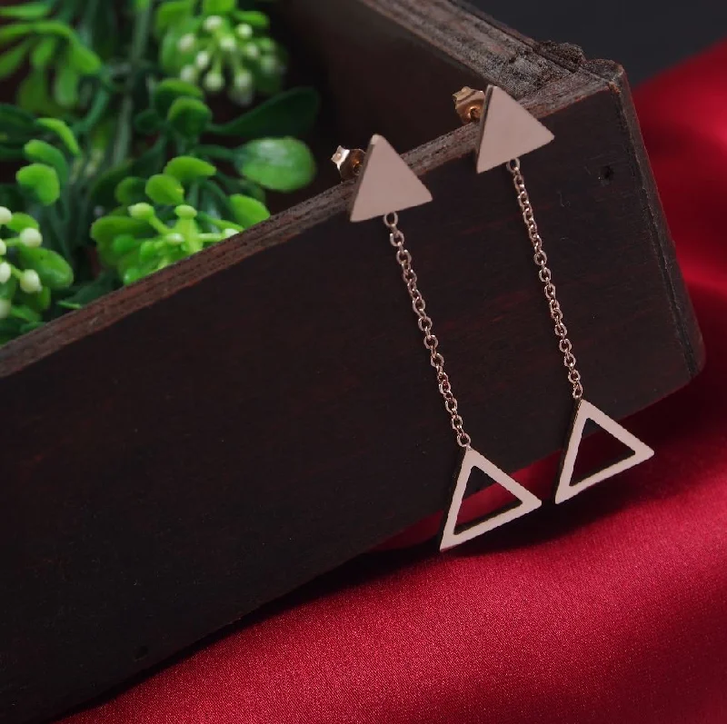 women bold earrings -Tarohi JewelsStainless Steel Rosegold Plated Triangle Shaped Chain Dangler Earring-STNER 2879