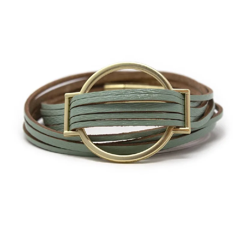 women pearl bangles -Five String Leather Wrap Bracelet with Gold Accent Mint