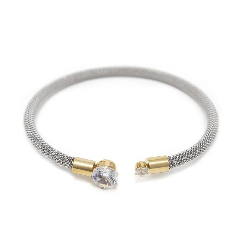 women charm bracelets -Stainless St 2Tone Crystal End Cuf Bracelet