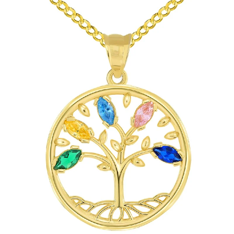 women 18k gold necklaces -14k Gold Cubic Zirconia Round Elegant Tree of Life Medallion Pendant Curb Chain Necklace - Yellow Gold