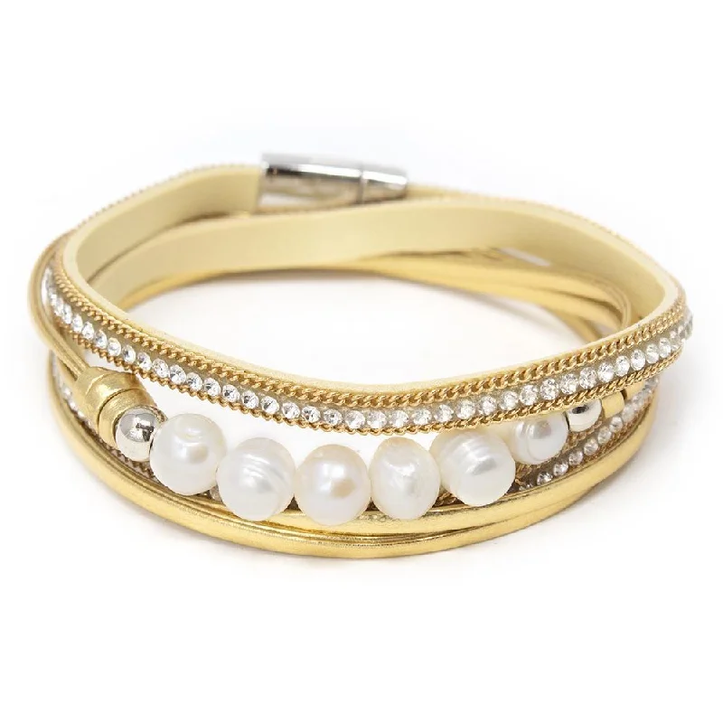 women birthstone bangles -Golden Leather Wrap Bracelet with Six Pearls Station