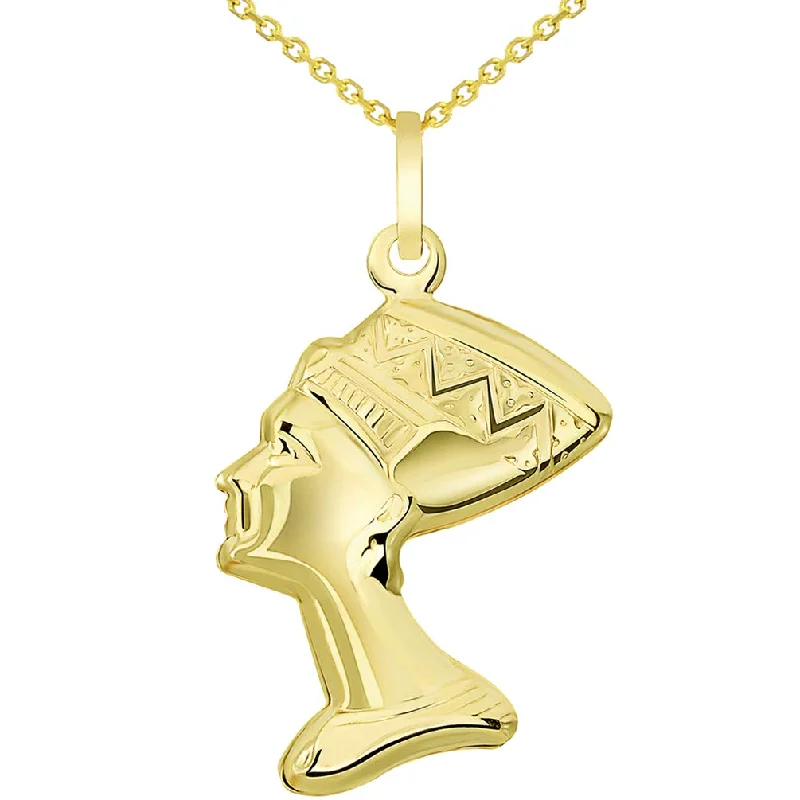 women statement silver necklaces -14k Yellow Gold Head of Egyptian Queen Nefertiti Pendant Necklace Available with Rolo, Curb, or Figaro Chain Necklace