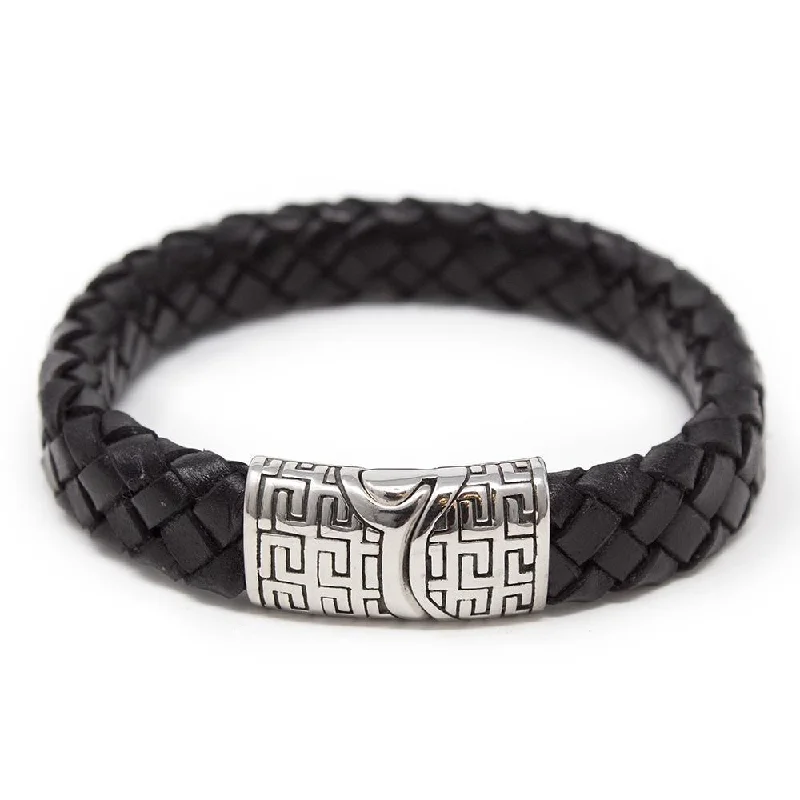 women chunky bracelets -Black Braided Leather Bracelet W Greek Clasp Silver T