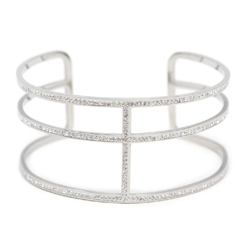 women chain bangles -Stainless Steel Three Pave Bar Cuff Bracelet