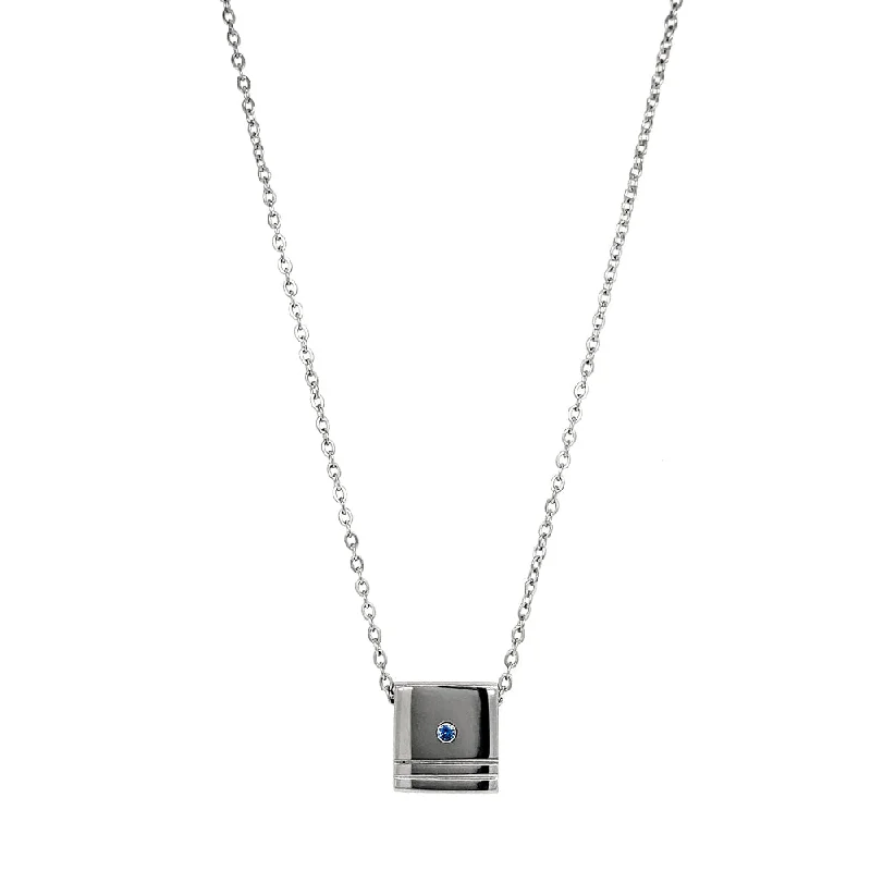 women silver link necklaces -Stainless Steel Pendant with Montana Sapphire - "High Polish Square with Grooves"