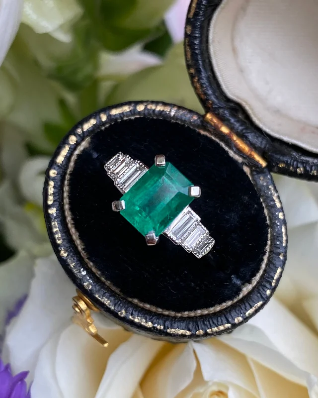 women affordable rings -Art Deco Emerald and Diamond Ring Platinum 0.35ct + 1.70ct