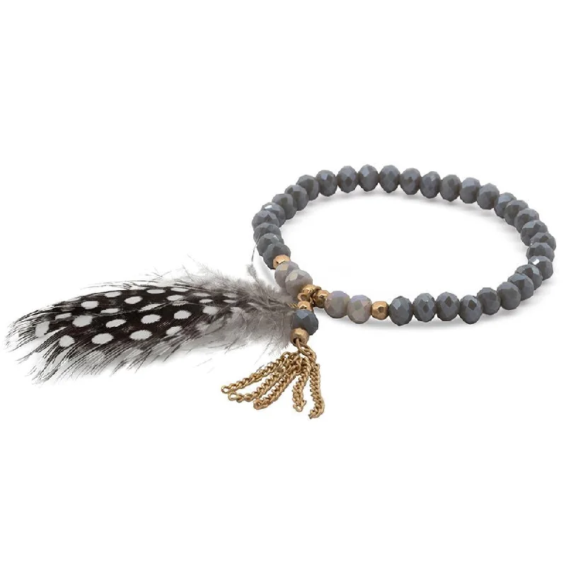 women beaded bracelets -Grey Glass Bead Bracelet Feather Pendant Gold Tone