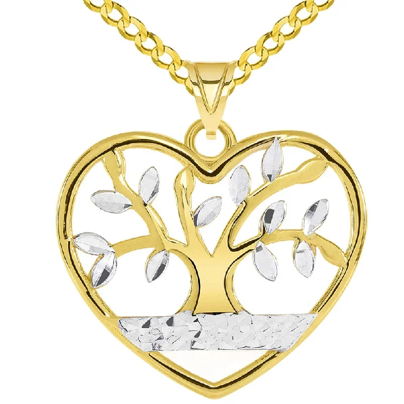 women artistic pendant necklaces -14k Gold Textured Heart Shaped Two Tone Tree of Life Pendant with Curb Chain Necklace - Yellow Gold