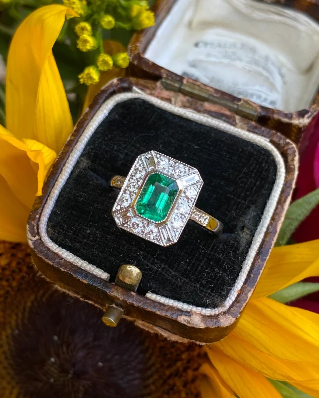 women stack rings -Art Deco Emerald and Diamond Platinum Ring 0.60ct + 1.0ct