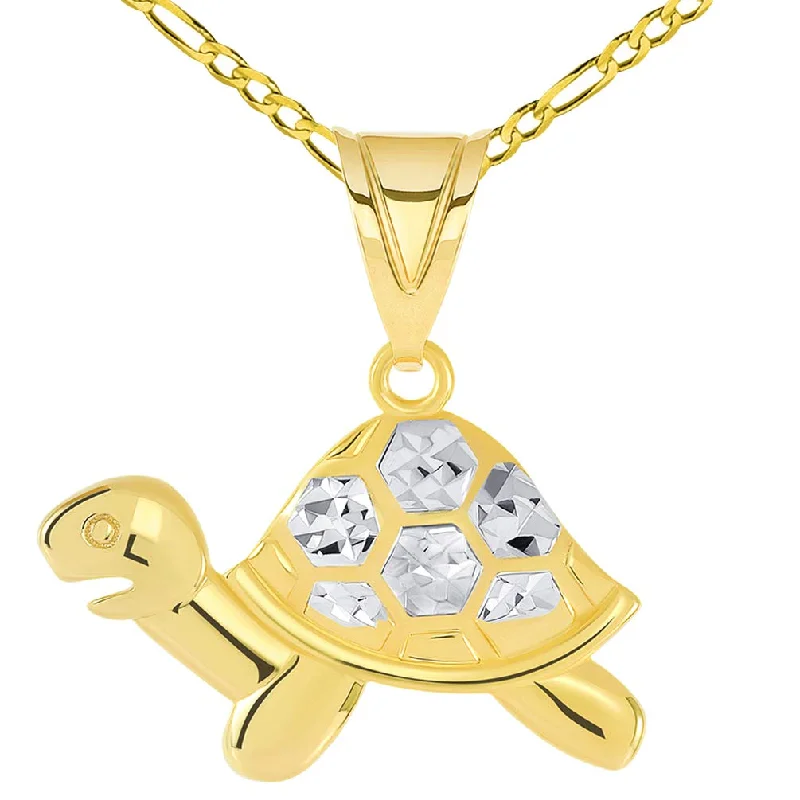 women silver chain necklaces -14k Yellow Gold Textured Sideview Two-Tone Turtle Charm Pendant with Figaro Chain Necklace