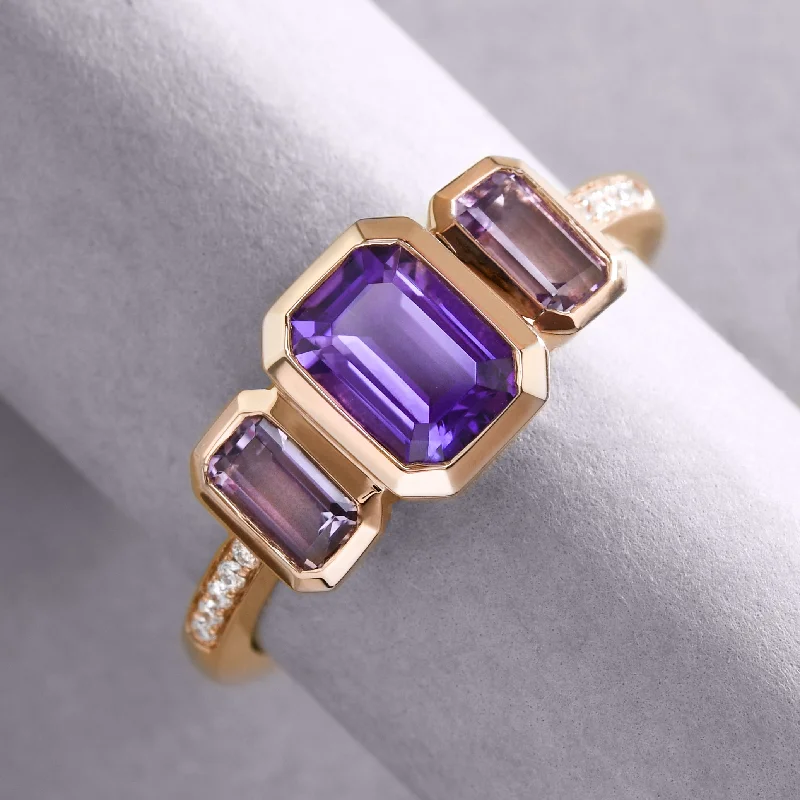 women large rings -Triple Amethyst Ring In Rose Gold