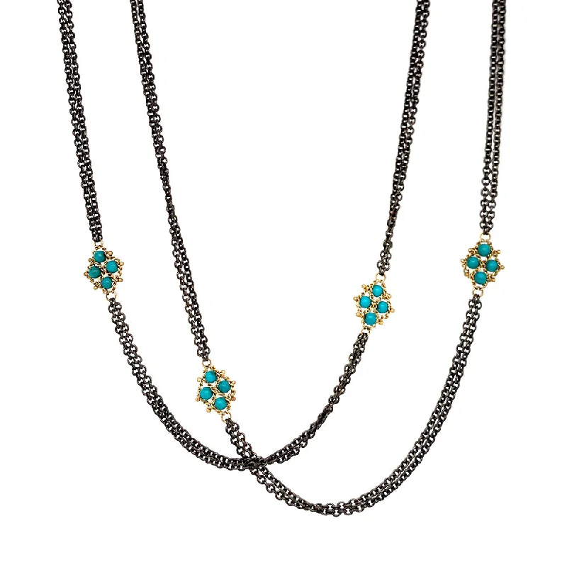 women bracelet and necklace sets -Turquoise Bead & Textile Yellow Gold Station Necklace - "Azora"