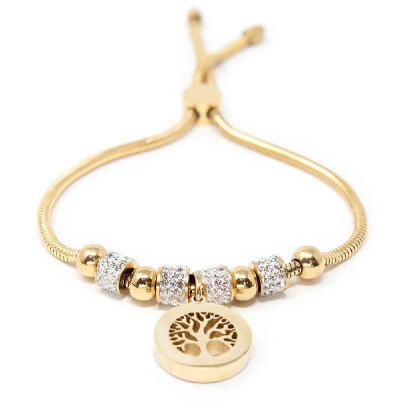 women gemstone bangles -Stainless Steel Pave Tree of Life Adjustable Bracelet Gold Plated