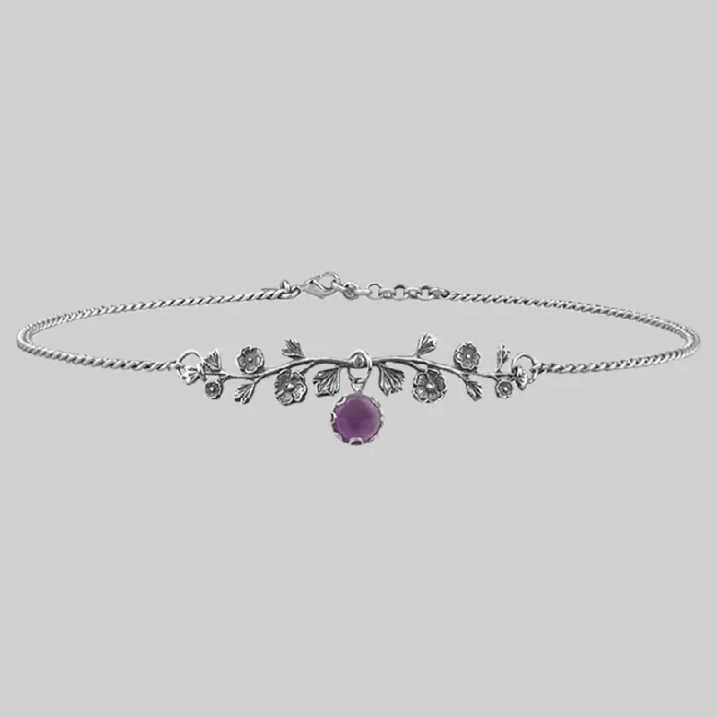 women crystal pendant necklaces -DARK BLOOM. Amethyst Choker - Silver