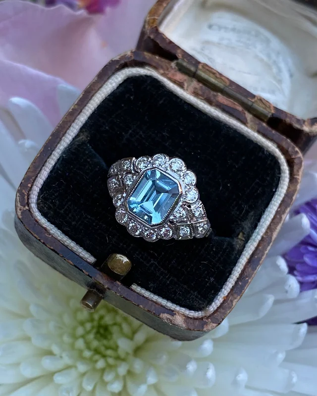 women chic rings -Edwardian Style Aquamarine and Diamond Cluster Platinum Ring 0.60ct + 1.10ct