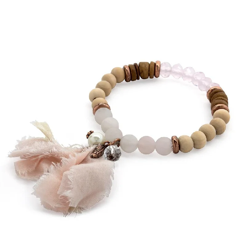 women boho bracelets -Wood Stone Stretch Bracelet Fabric Tassel Pink