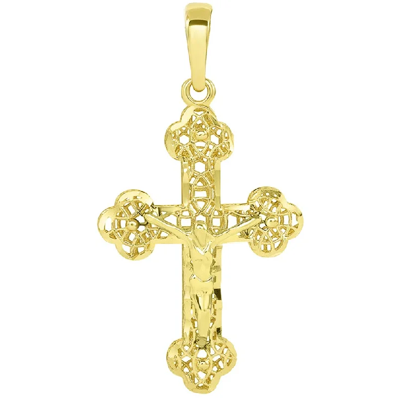 women infinity diamond necklaces -14k Yellow Gold Textured Filigree Eastern Orthodox Cross 3D Jesus Crucifix Pendant