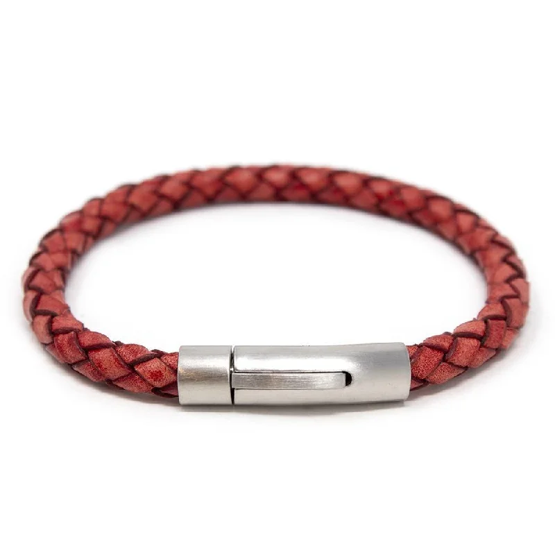 women bangles sets -Stainless Steel Braided Leather Bracelet Red