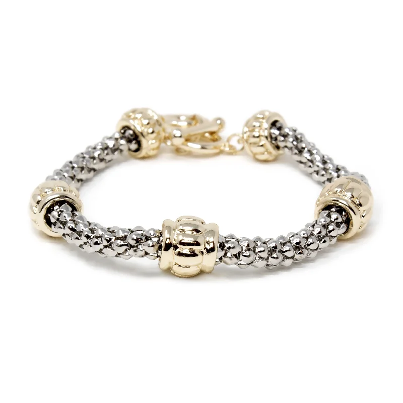 women pearl chain bracelets -Two Tone Popcorn Chain Bracelet Three Station