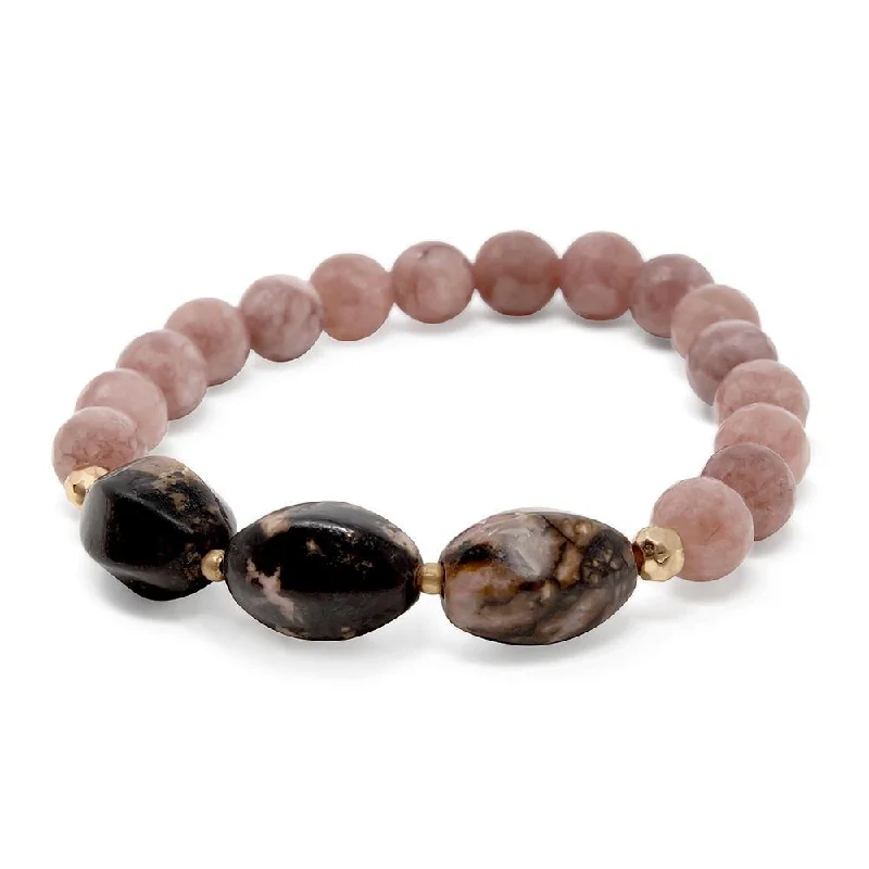 women trendy bracelets -Pink Stone Beaded Stretch Bracelet with Three Oval Stone