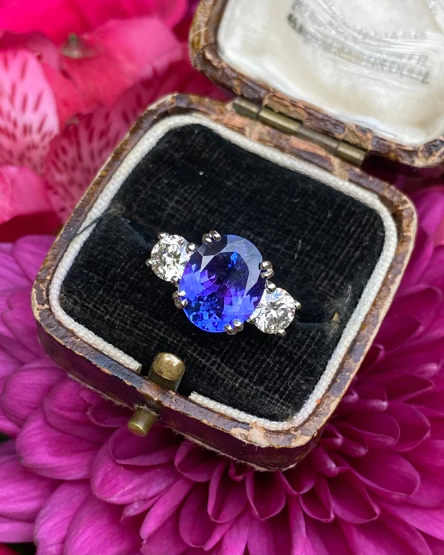 women colorful gemstone rings -Tanzanite and Diamond Three Stone Platinum Ring 1.01ct + 3.95ct