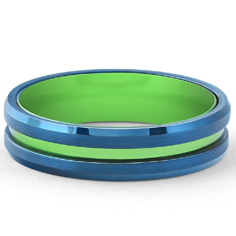 eco-friendly engagement rings -Men's Brushed Blue Tungsten Green Aluminum Ring 6mm Wedding Band