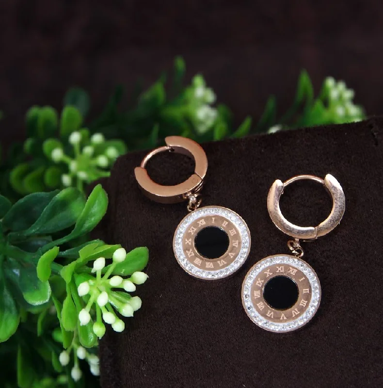 women classy earrings -Tarohi JewelsStainless Steel Rosegold Plated Roman Numerals Hoops Earring-STNER 2768