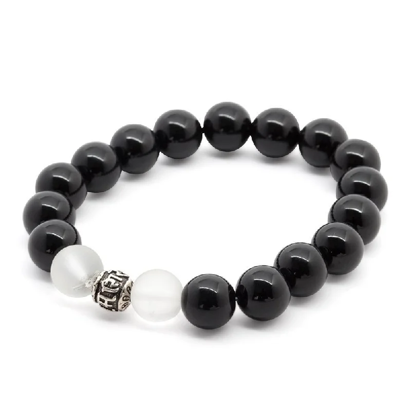 women custom engraved bangles -Onyx/Crystal Quartz Stretch Bracelet with 925 Sterling Silver Bead