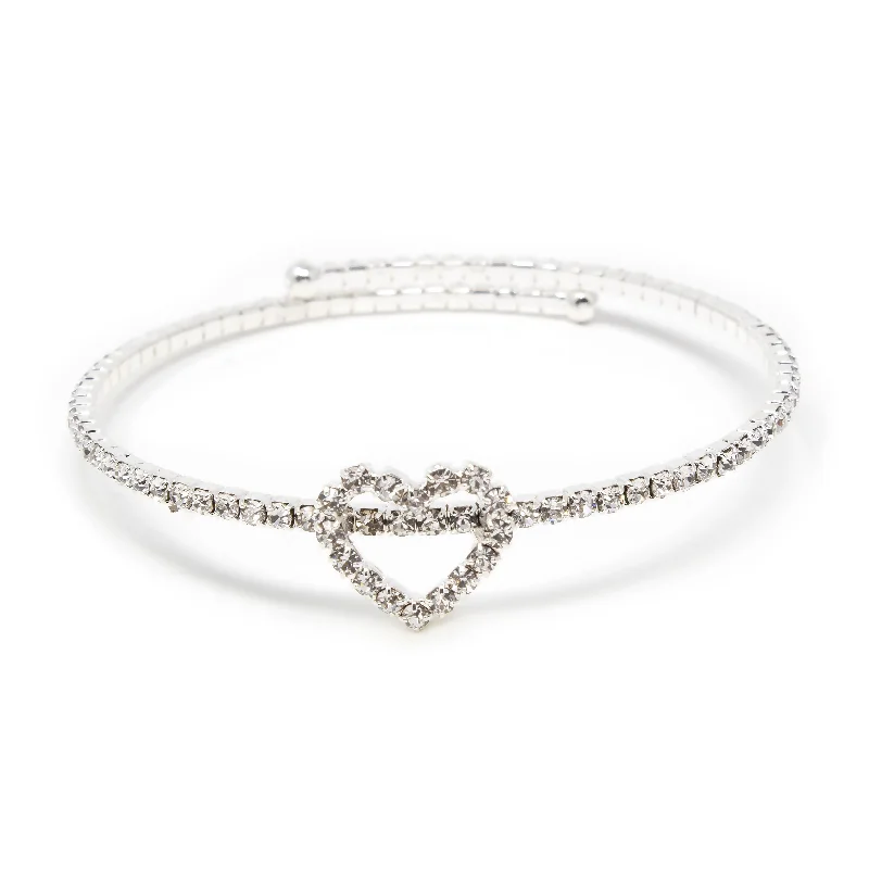 women wire bracelets -Clear Cubic Zirconia Open Heart Wire Bracelet