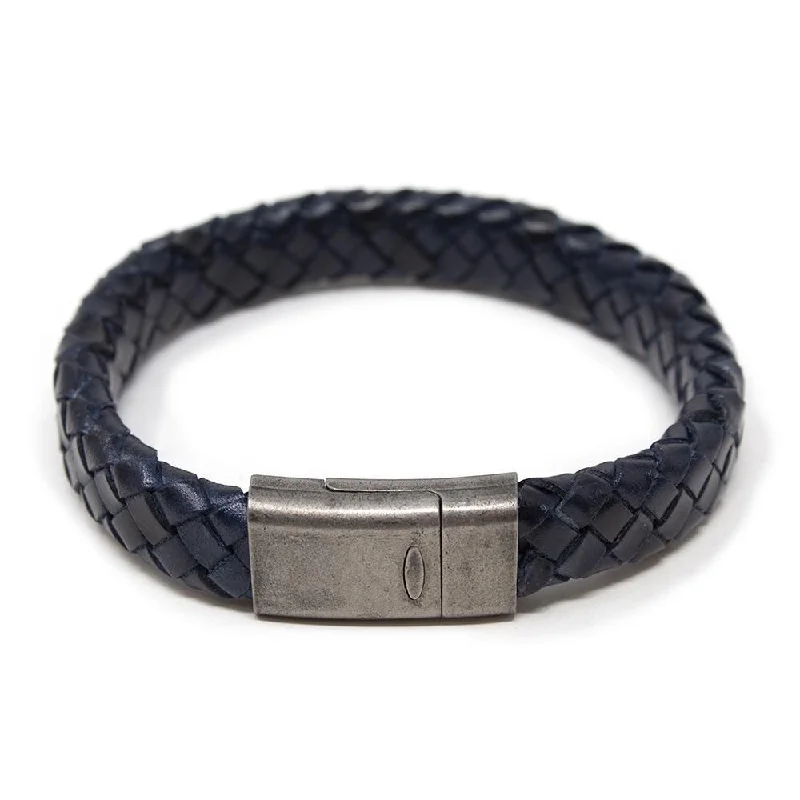 women antique bracelets -Navy Braided Leather Bracelet W Antique Silver Clasp