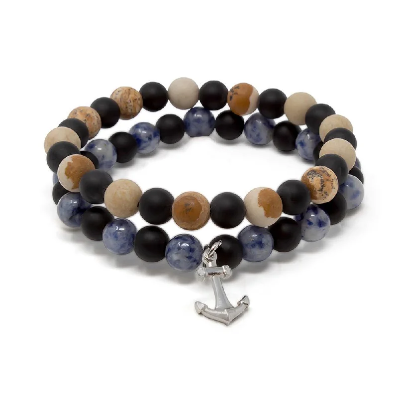 women crystal bracelets -Stainless Steel Anchor Stretch Bracelet Agate/Jasper Set of Two