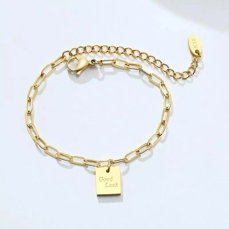 women birthstone bracelets -Stainless Steel Good Luck Charm 6" PaperClip Bracelet Gold Plated