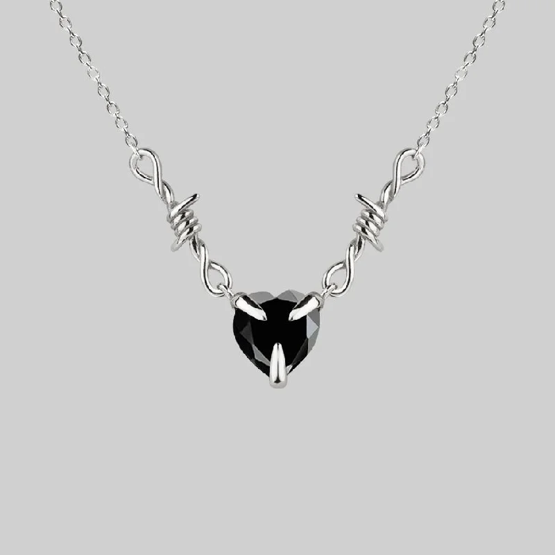 women jade necklaces -FATAL. Barbed Wire & Black Onyx Heart Necklace - Silver