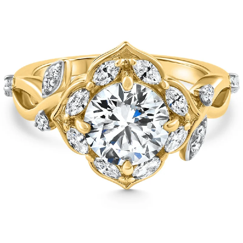 colored gemstone engagement rings -Certified 2.62Ct Round Diamond Engagement Vine Petal Ring 14k Yellow Gold