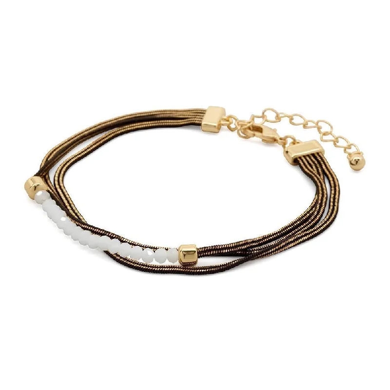 women pearl bracelets -Liquid Metal Bracelet with White Glass Beads Gold/Black