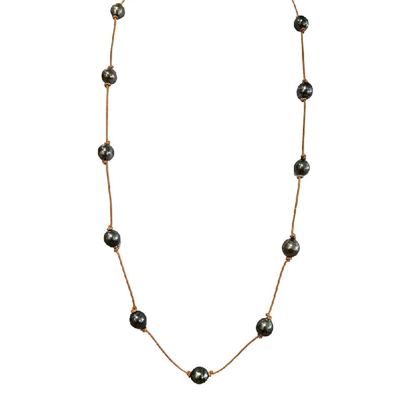 women colorful gemstone necklaces -Tahitian Pearl & Leather Necklace - "Peacock"