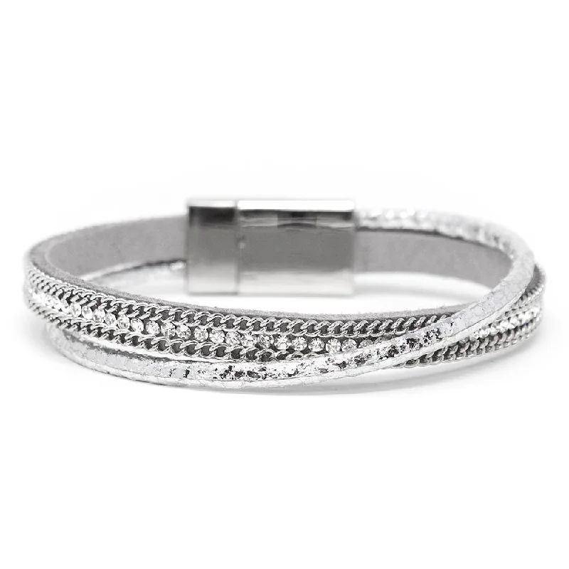 women romantic bangles -Two Row Leather Bracelet with Chain and Crystal Silver Tone