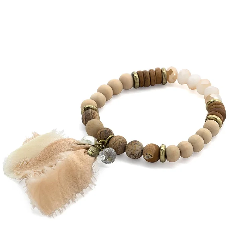 women vintage-style bangles -Wood Stone Stretch Bracelet Fabric Tassel Brown